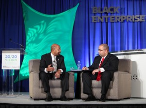 Philadelphia Mayor Michael Nutter discusses small business development with Black Enterprise Editorial Director Alan Hughes. (Source: Lonnie C. Major)