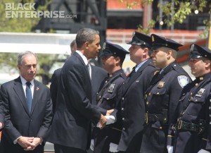 President Obama greeting officers at the 9/11 memorial wreath ceremony
