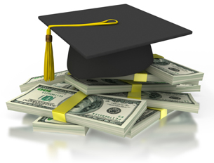 graduation cap atop a pile of money