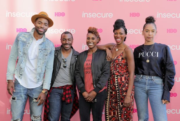 BROOKLYN, NY - SEPTEMBER 25: (L-R) Jay Ellis, Prentice Penny, Issa Rae, Yvonne Orji, and Melina Matsoukas attend HBO's 'Insecure' Block Party on September 25, 2016 in Brooklyn City. (Photo by Neilson Barnard/Getty Images for HBO)