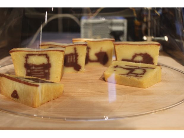 The 3D printer in the previous slide made images in the center of cake slices. 