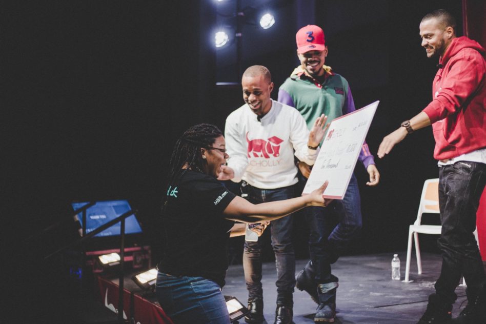 Scholly Scholarship Summit: Christopher Gray, Chance the Rapper and Jesse Williams presenting Alexia Frasier with $10,000 scholarship check