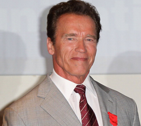 Arnold Schwarzenegger in a suit and smiling