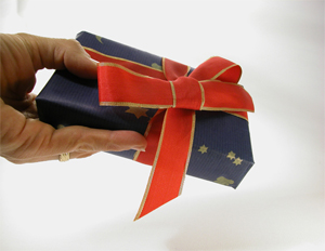 gift-wrapped box with a red bow
