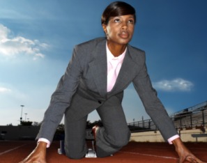 black womna running with suit