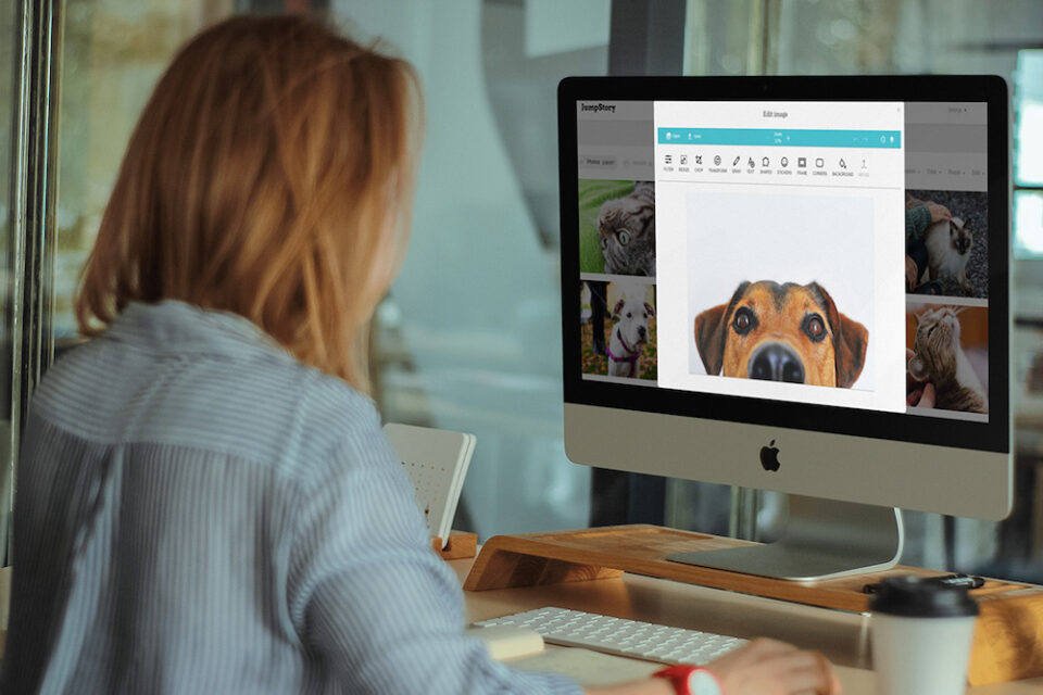 woman viewing images on screen