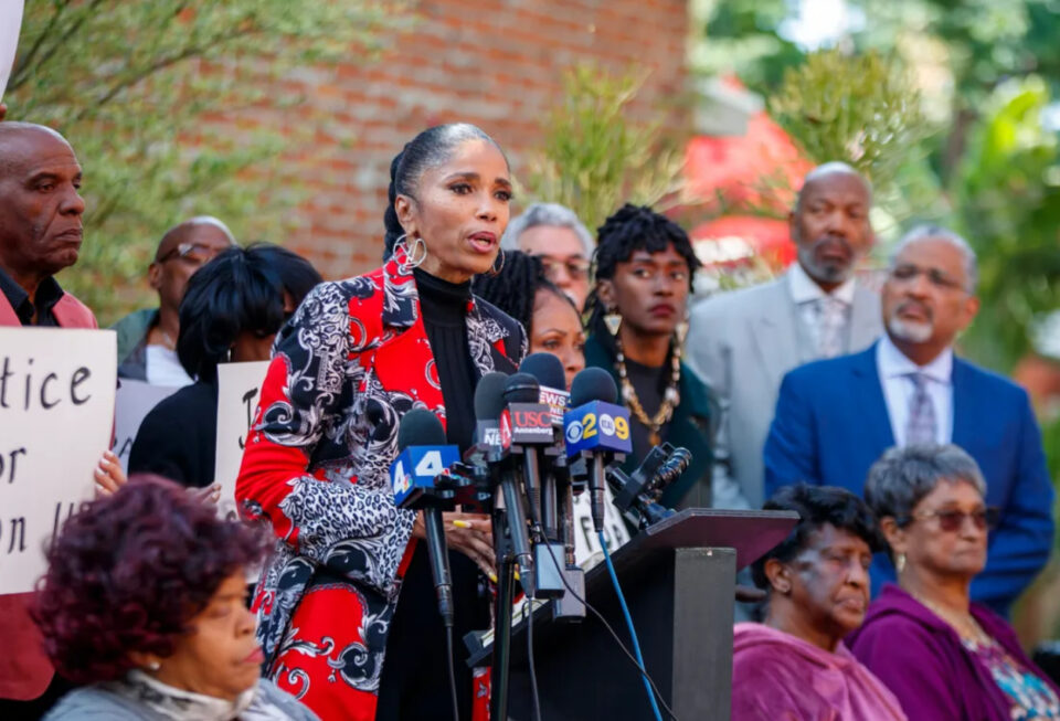 Areva Martin, attorney for the Section 14 Group, speaks during a press conference in Los Angeles, Calif., on Nov. 29, 2022