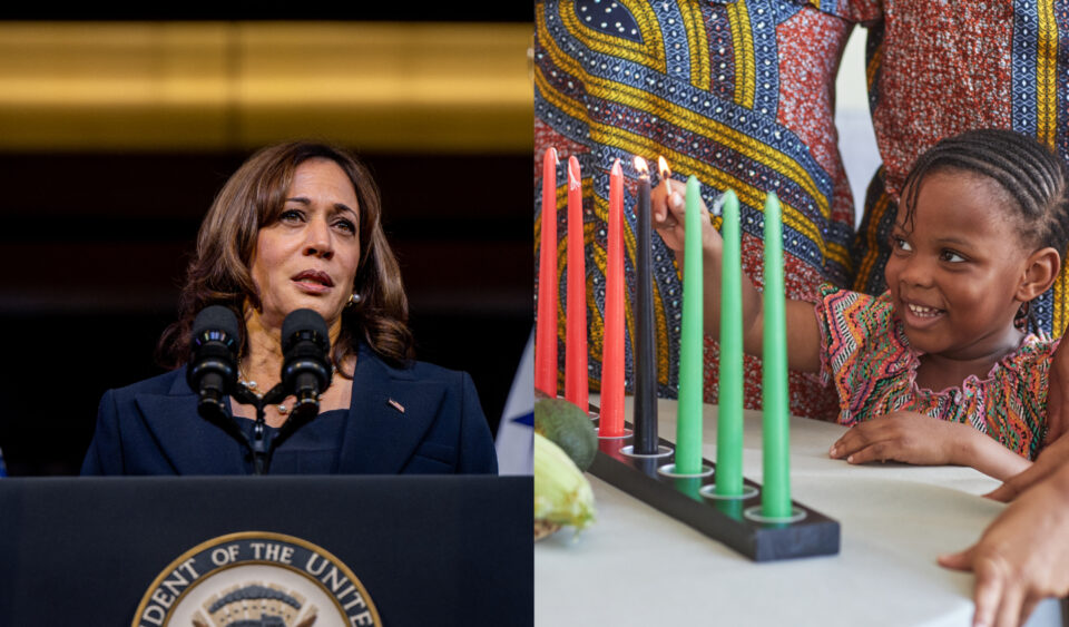 Vice President Harris; Little child burning candles for Kwanzaa
