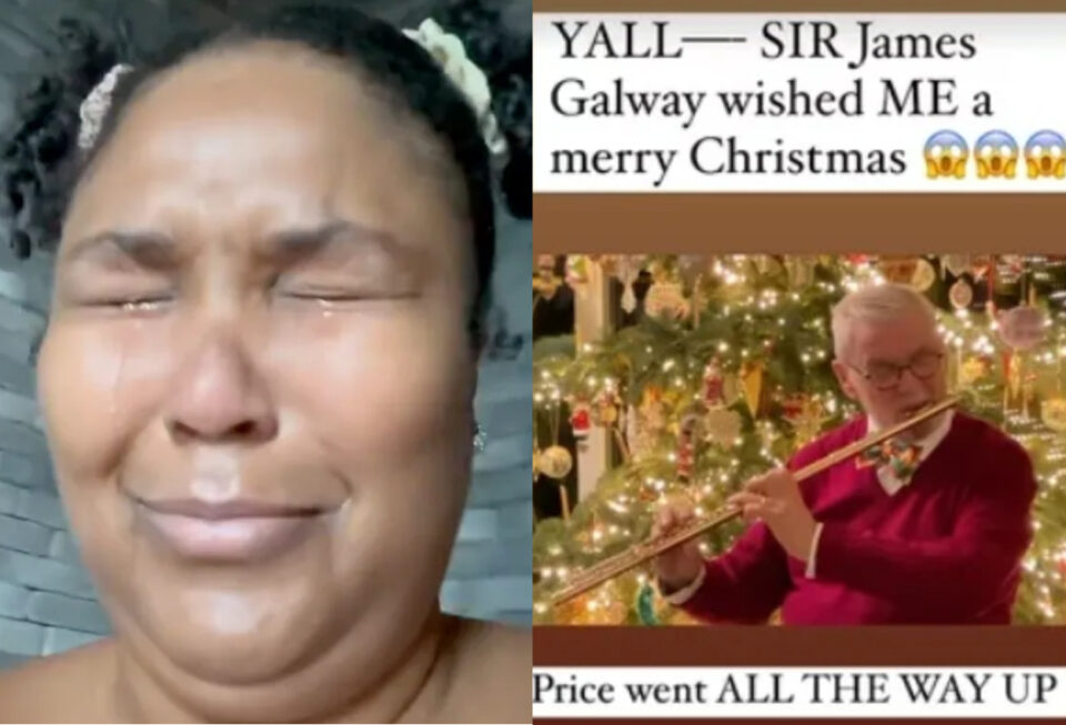 Lizzo crying tears; screenshot of Lizzo gets Christmas video from Flutist James Galway's Christmas video to Lizzo