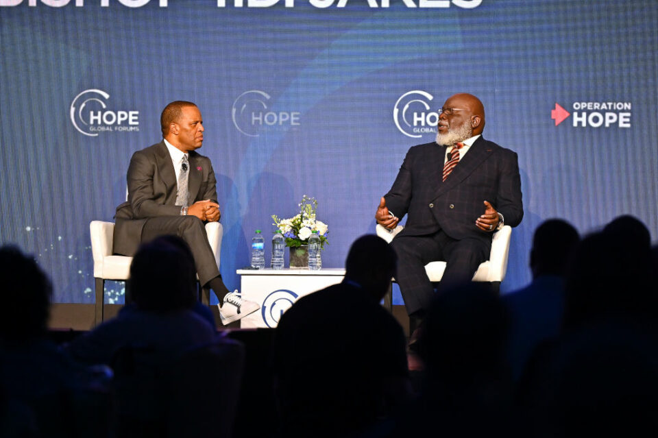 John Hope Bryant and Bishop T.D. Jakes speak on stage