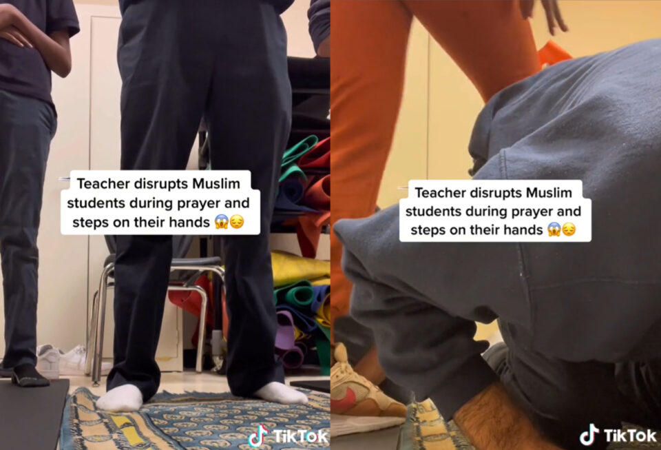 Florida teacher walking through Muslim students praying