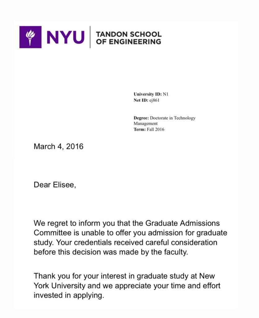 Dr. Eli Joseph's NYU rejection letter