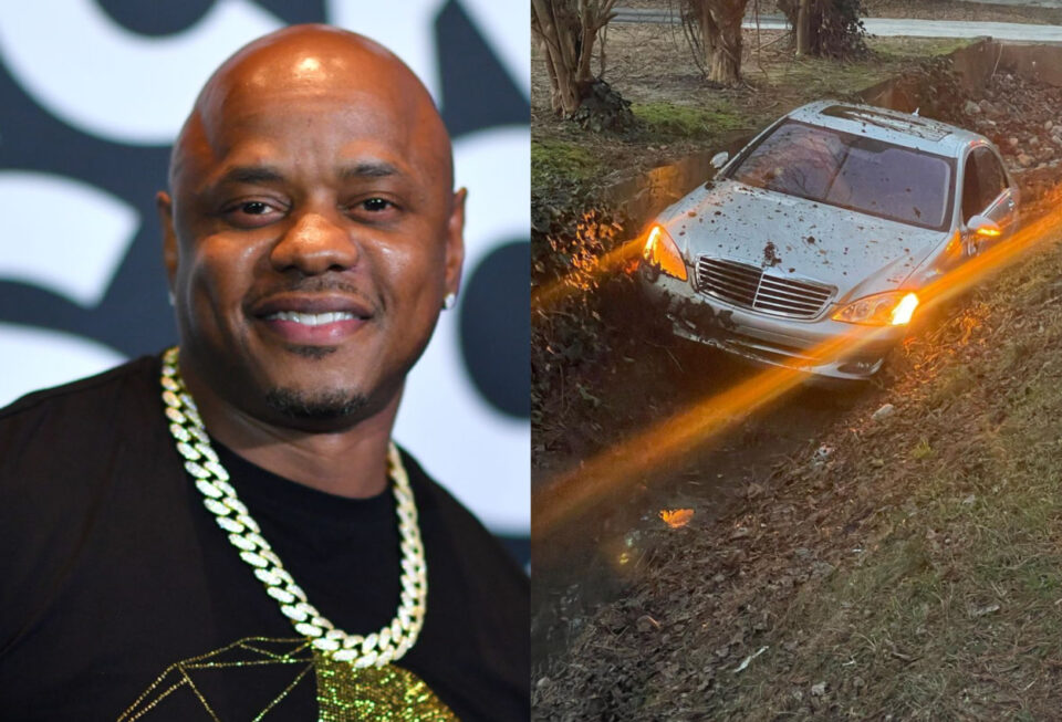 Donell Jones and his car in a ditch