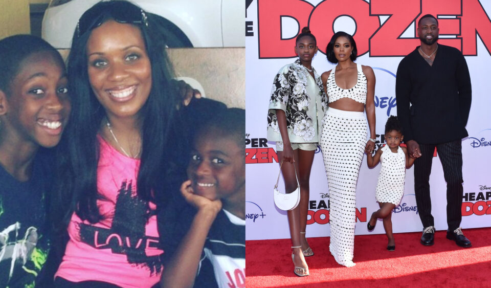 Siohvaughn Funches-Wade and sons Zaire and Zion; Dwyane Wade, Zaya Wade, Gabrielle Union and Kaavia James Union Wade