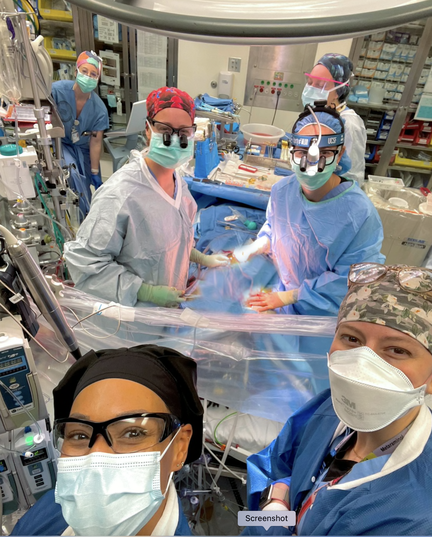 Dr. Charlene Blake, cardiac anesthesiologist, Fatou Gaye, Dr. Amy Fiedler, cardiac surgeon, and Ashley Risso, perfusionist, outside of UCSF.